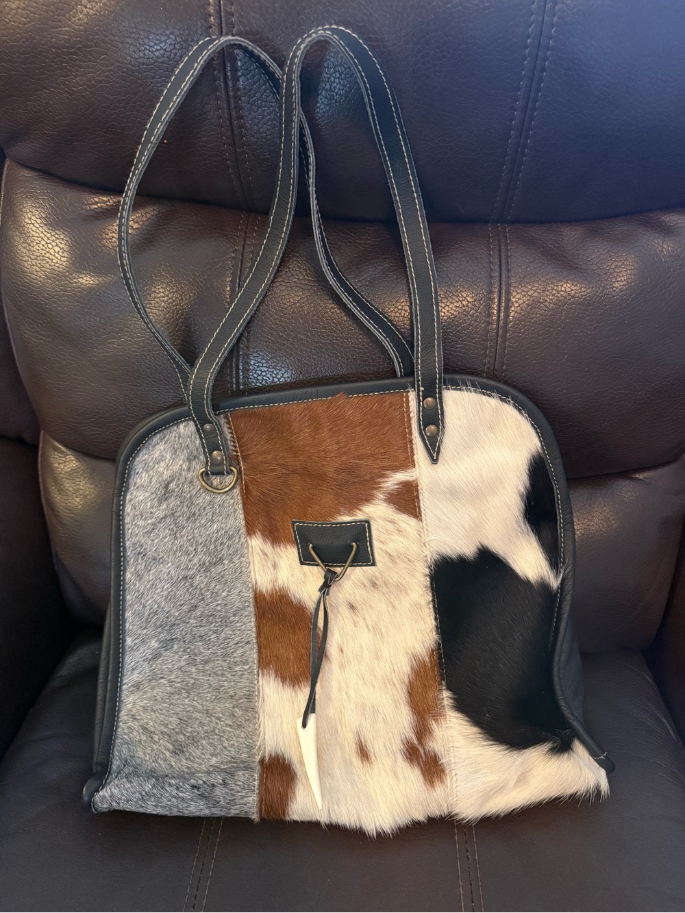 Patchwork Cowhide Shoulder Bag in Brown, Black & Gray